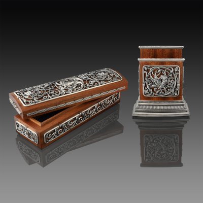 T0184-81001, Комплект карандашница/визитница (латунь, серебрение, дерево), вес 931,25 гр. 55х55х190 Визитница 110х90
