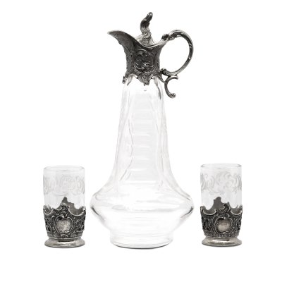 62057 (Q0177-10013), Набор винный "Тет-а-тет": графин и 2 стопки, серебро 925, стекло 171Х76Х76 мм.177,80 гр.